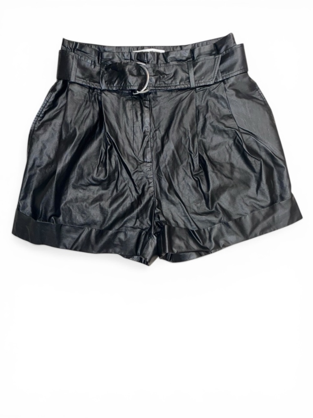 Elizabeth and James Black High-Waist Faux Leather Belted Shorts